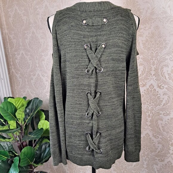 Torrid Size 00 (US 10) Olive Green Cold Shoulder Sweater Lace Up Back Detail EUC - Picture 5 of 10